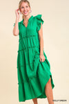 Cotton Gauze Tiered Dress with Ruffle Sleeve and Front Tie