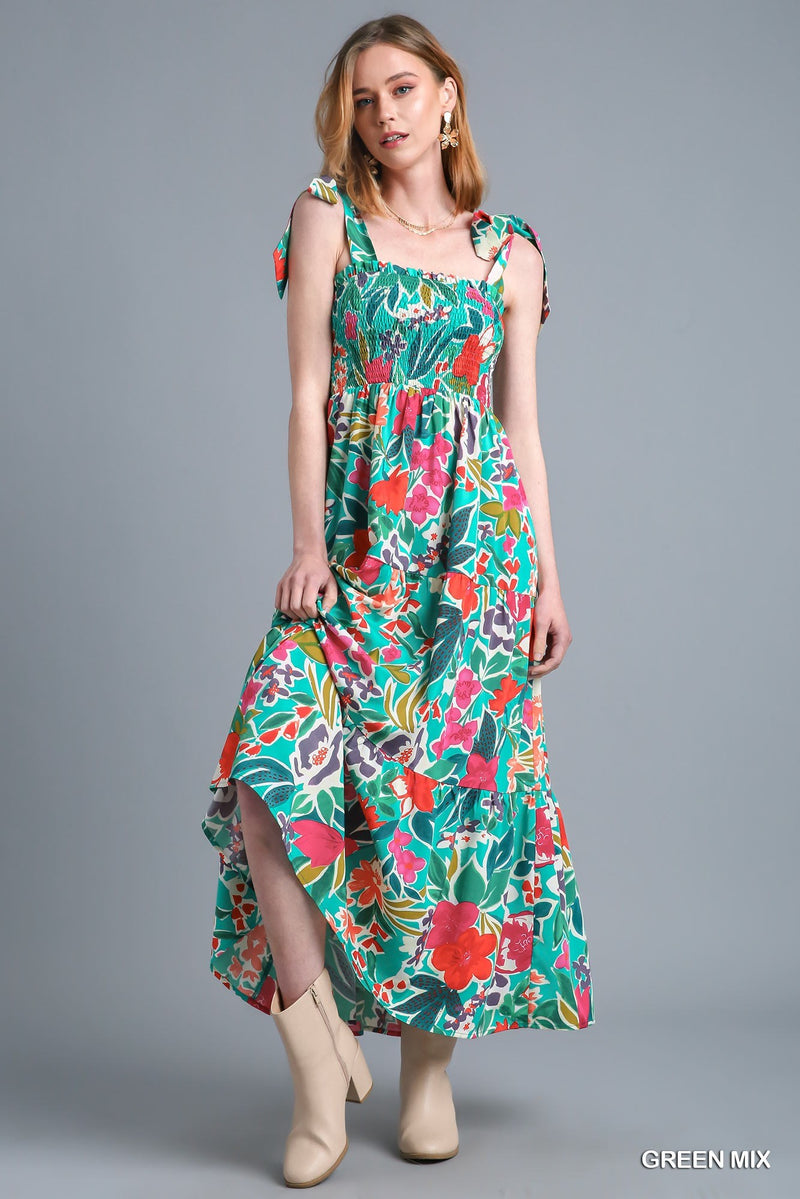 Smocked Bodice Floral Maxi Dress