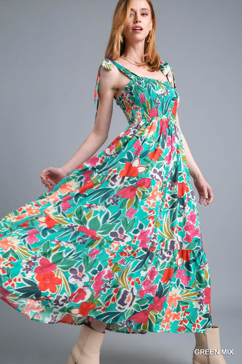 Smocked Bodice Floral Maxi Dress