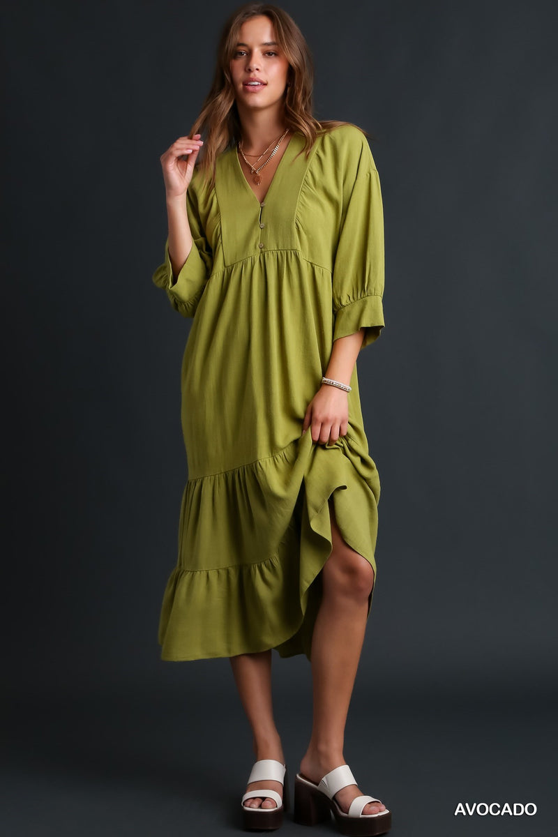 Linen V-Neck Maxi Dress with Button Details