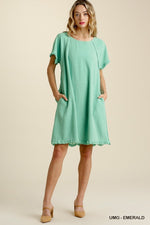 UMGEE USA Linen Blend Back Floral Lace Short Sleeve Dress with Pockets and Fringed Hem